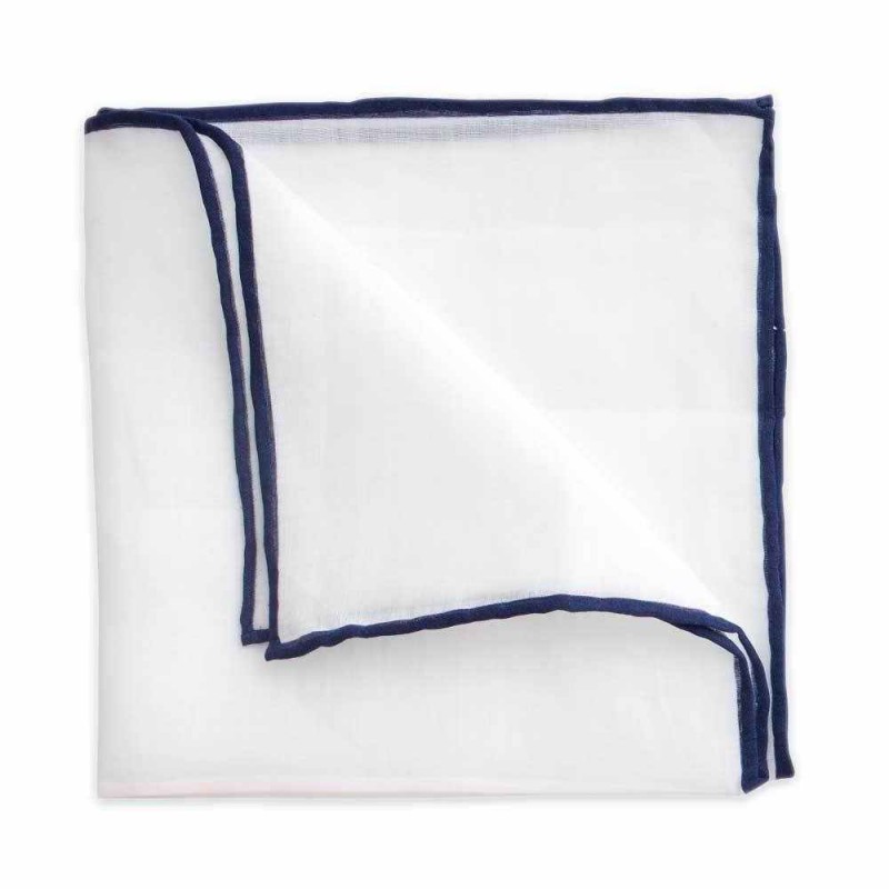 White Linen Pocket Square with Navy Trim