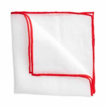 White Linen Pocket Square with Red Trim