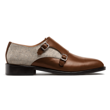 Monk Shoes - brown & beige leather & tweed