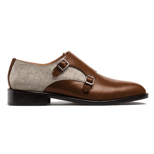 Monk Shoes - brown & beige leather & tweed