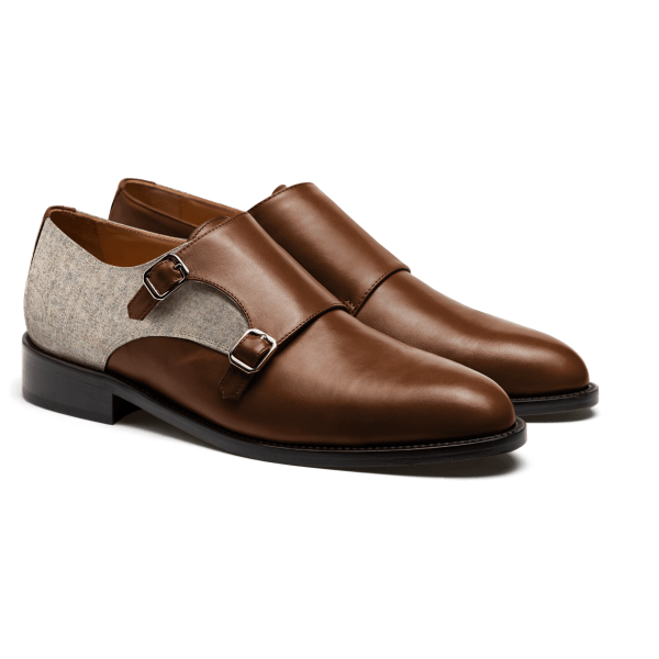 Monk Shoes - brown & beige leather & tweed