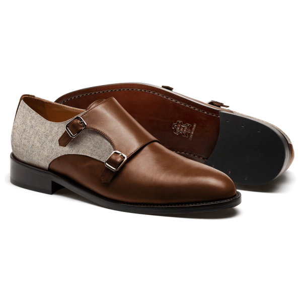 Monk Shoes - brown & beige leather & tweed