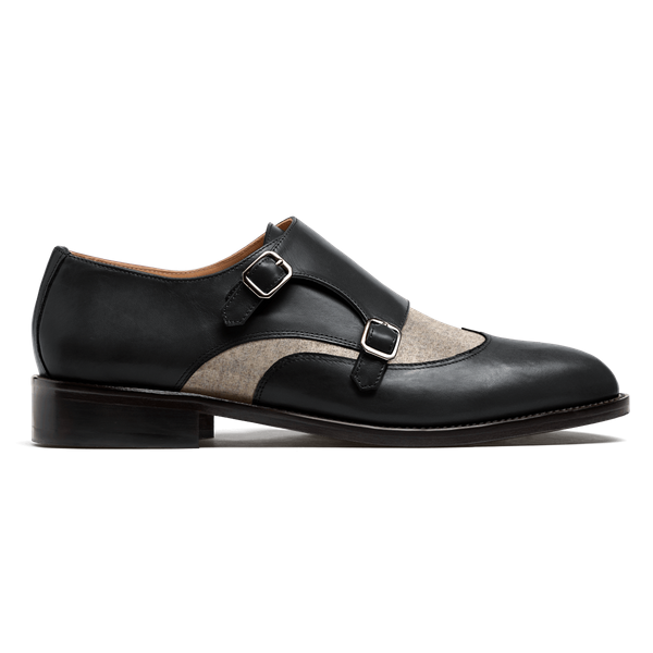 Wingtip Monk strap dress shoes - black & beige leather & tweed