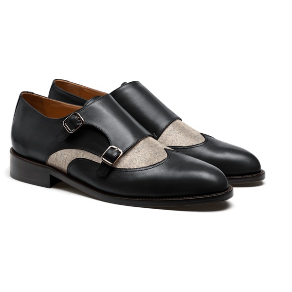Wingtip Monk strap dress shoes - black & beige leather & tweed