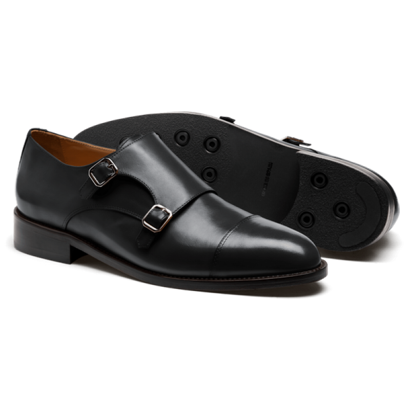 Cap toe Monk strap dress shoes - black italian calf leather