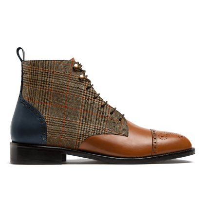 Brogue Leather boots - brown & blue leather & tweed