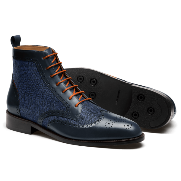 Brogue Dress Boots - blue leather & tweed