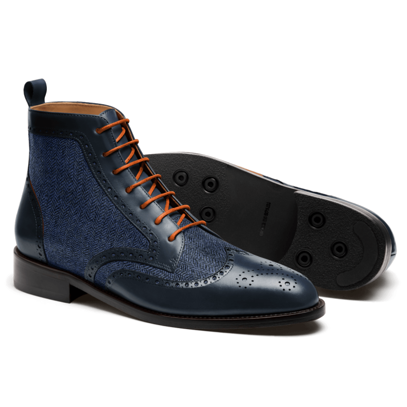 Brogue Dress Boots - blue leather & tweed