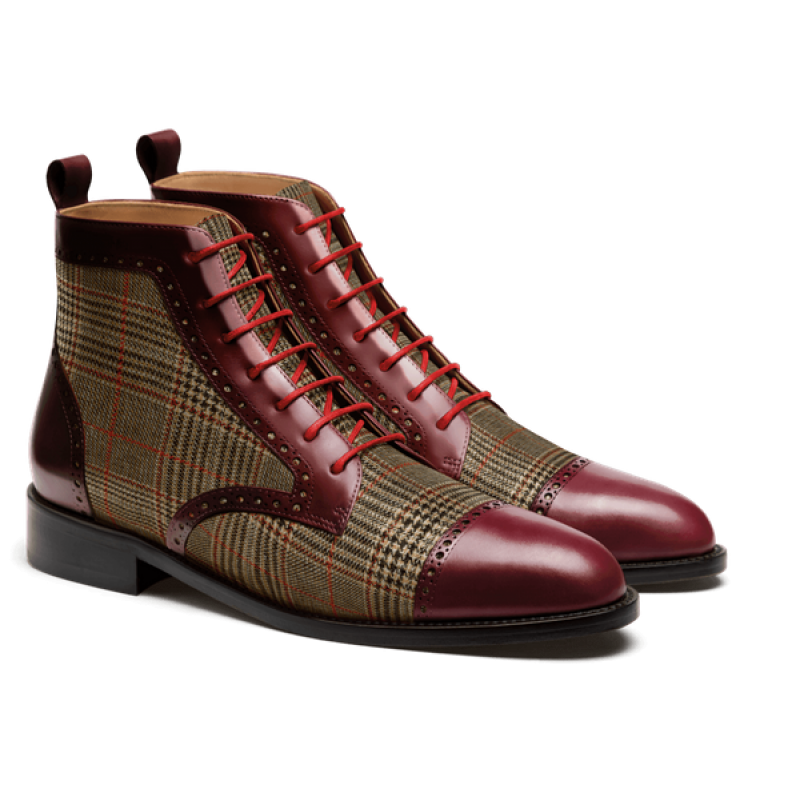 Brogue Boots - burgundy & brown leather , tweed & flora leather