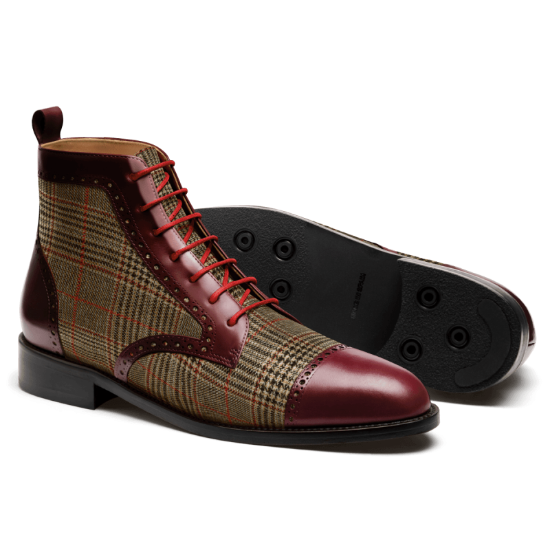 Brogue Boots - burgundy & brown leather , tweed & flora leather
