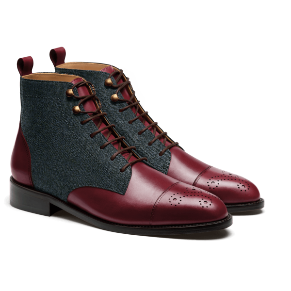 2 tone Men Boots - burgundy & blue leather & tweed