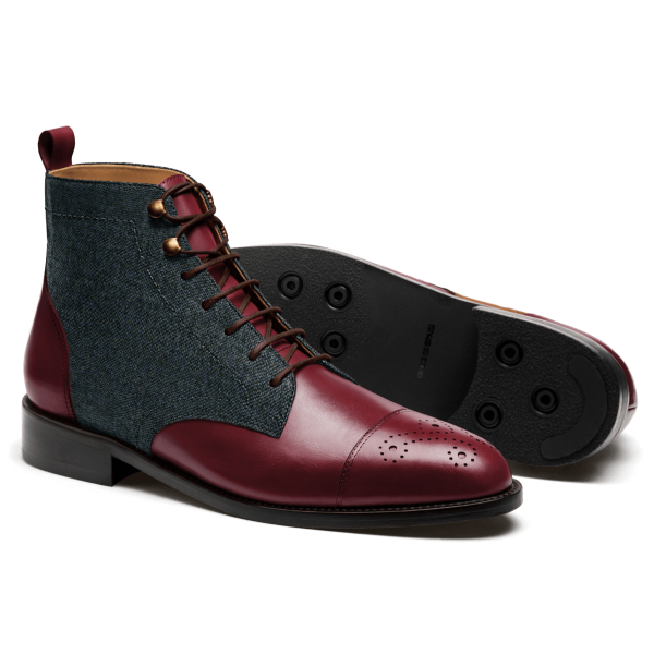 2 tone Men Boots - burgundy & blue leather & tweed