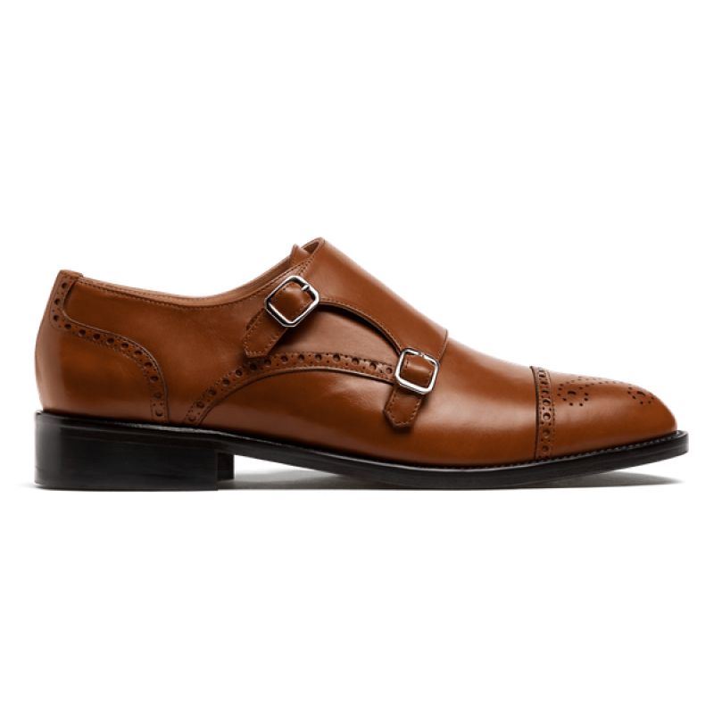 Double monk brogue shoes - brown italian calf leather