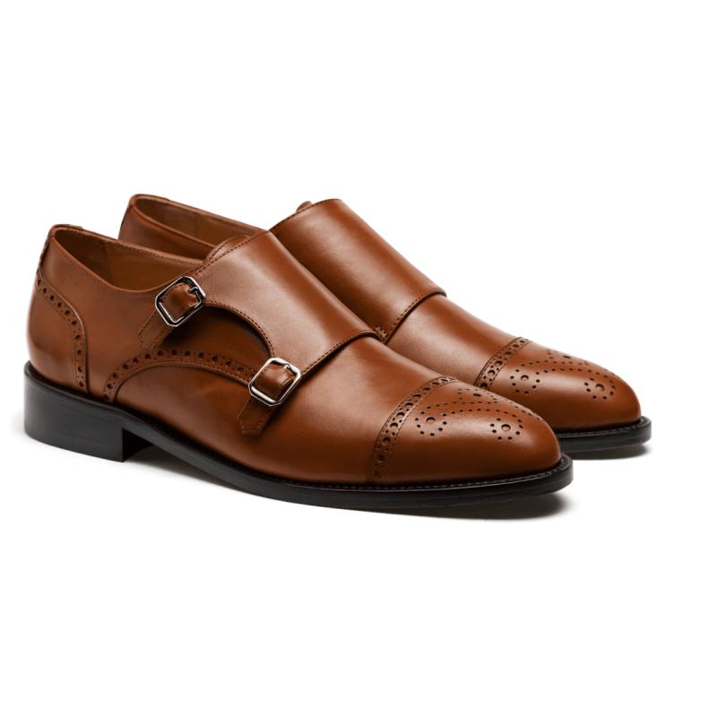 Double monk brogue shoes - brown italian calf leather