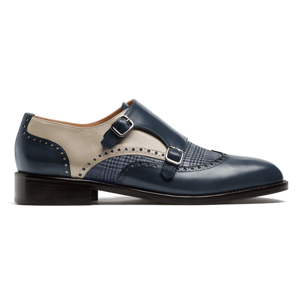 Monk Brogues - blue & white leather & tweed