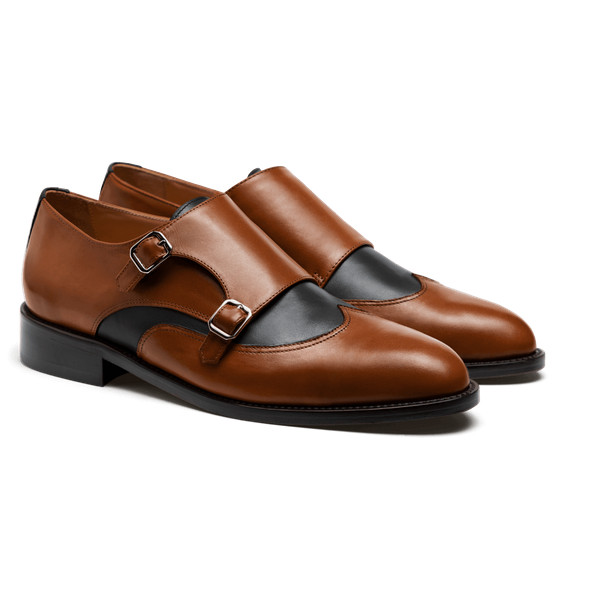 Wingtip Double Monk shoes - brown & black italian calf leather