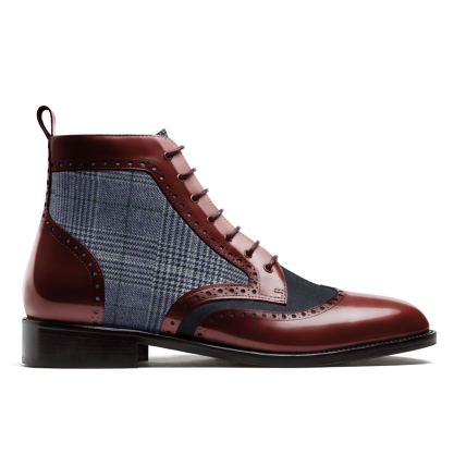 Brogue Men Boots - oxblood & blue flora leather, suede & tweed