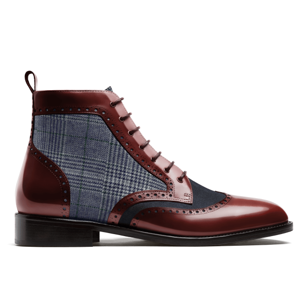 Brogue Men Boots - oxblood & blue flora leather, suede & tweed