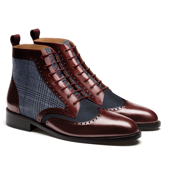 Brogue Men Boots - oxblood & blue flora leather, suede & tweed