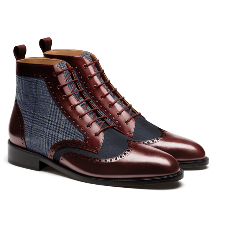 Brogue Men Boots - oxblood & blue flora leather, suede & tweed