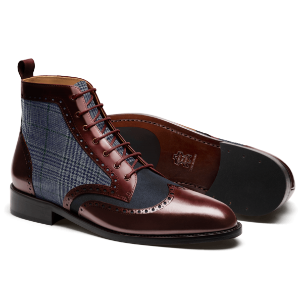 Brogue Men Boots - oxblood & blue flora leather, suede & tweed