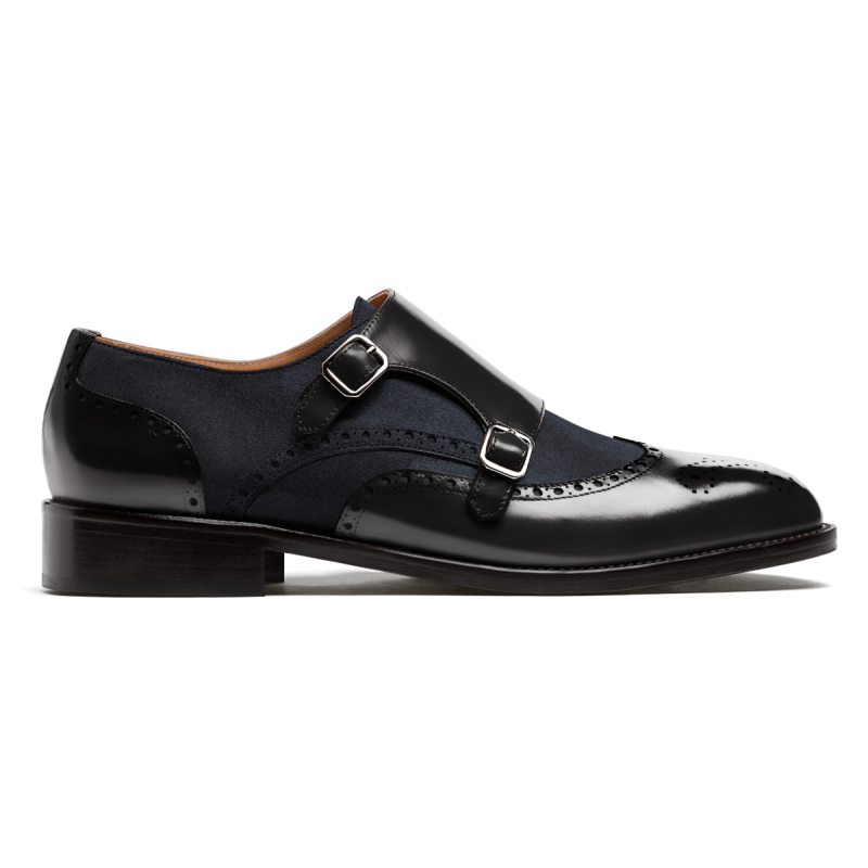 Double Monk brogues - black & blue flora leather & suede