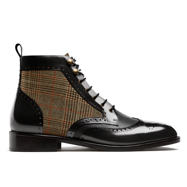 Brogue Boots - black & brown flora leather, leather & tweed