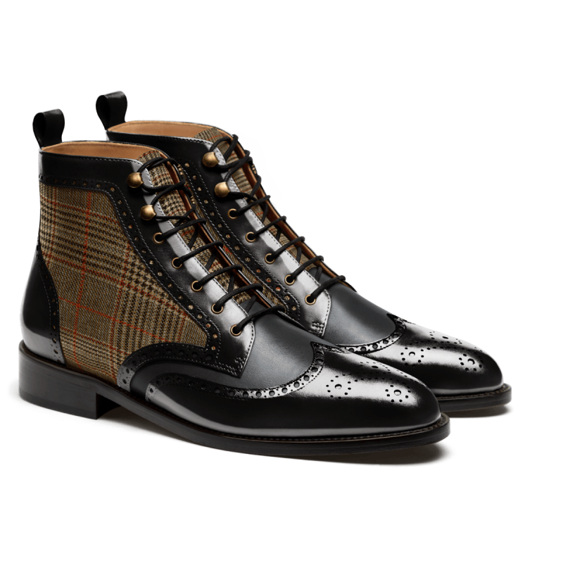 Brogue Boots - black & brown flora leather, leather & tweed