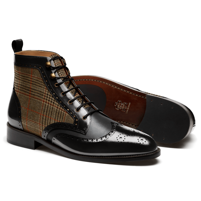 Brogue Boots - black & brown flora leather, leather & tweed