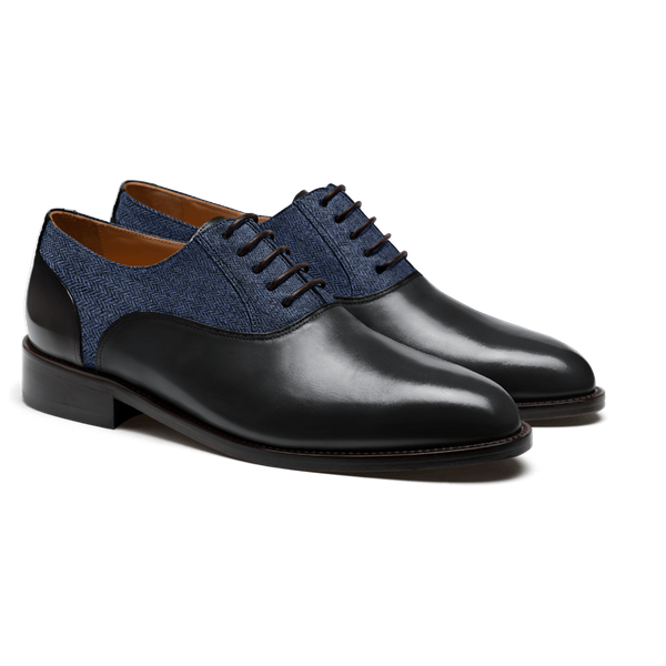 Oxfords - black & blue leather , tweed & flora leather