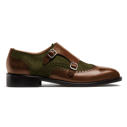 Double Monk brogues - brown & green leather & suede