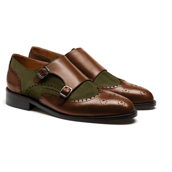 Double Monk brogues - brown & green leather & suede