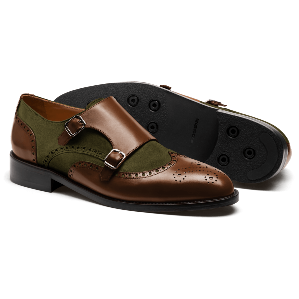Double Monk brogues - brown & green leather & suede