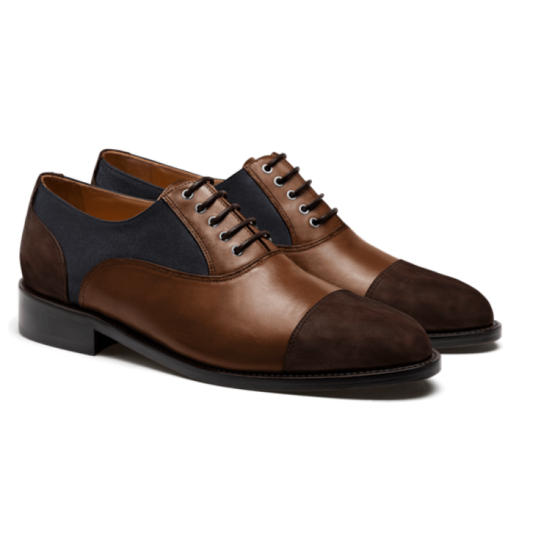 Cap toe Oxford shoes - brown & blue country, leather & suede