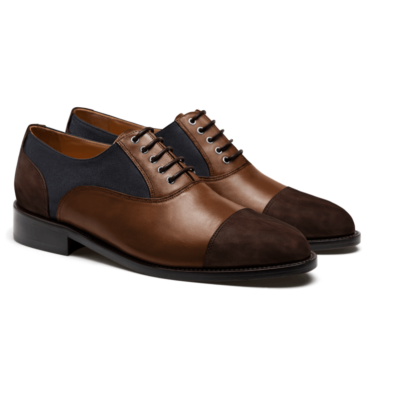 Cap toe Oxford shoes - brown & blue country, leather & suede