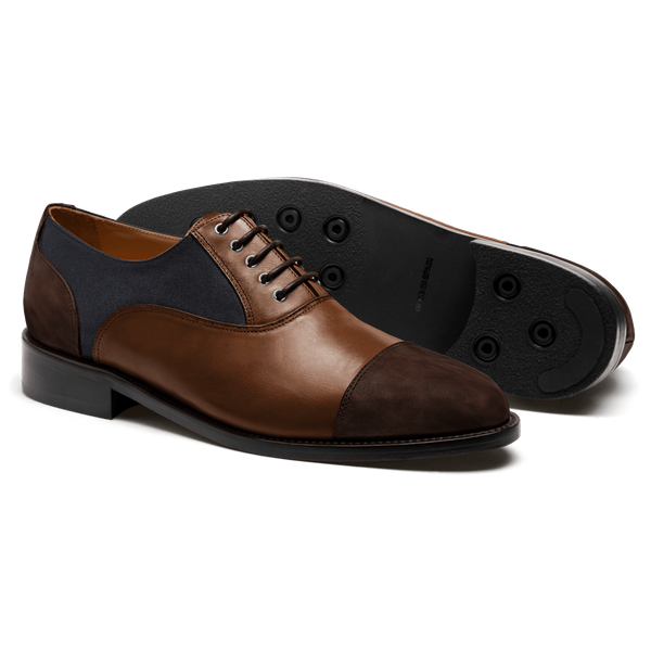 Cap toe Oxford shoes - brown & blue country, leather & suede