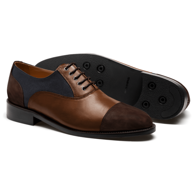 Cap toe Oxford shoes - brown & blue country, leather & suede