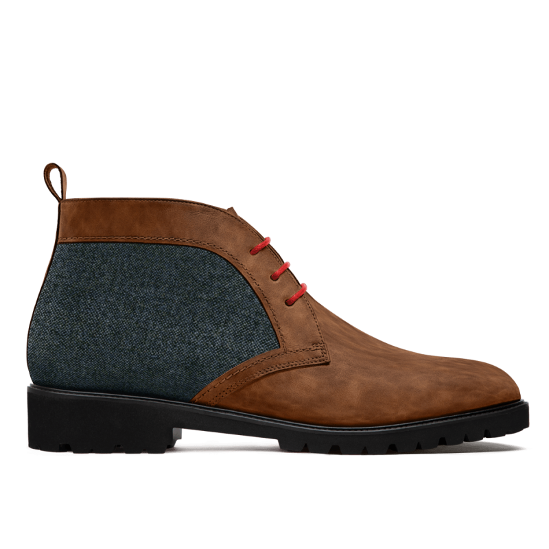 2 tone Men's Chukka Boots - brown & blue waxed leather & tweed