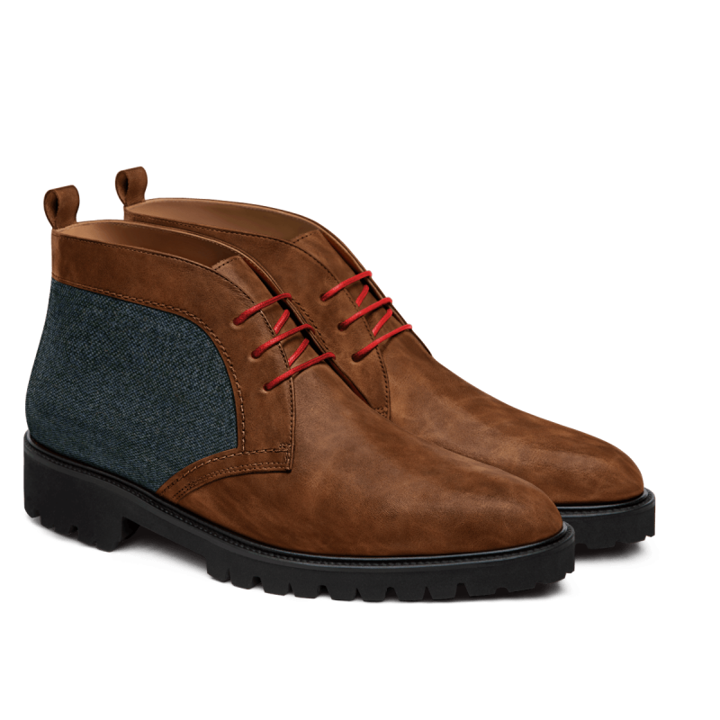 2 tone Men's Chukka Boots - brown & blue waxed leather & tweed