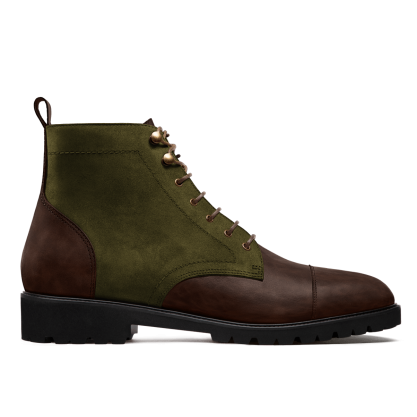 2 tone Leather boots - brown & green waxed leather & suede