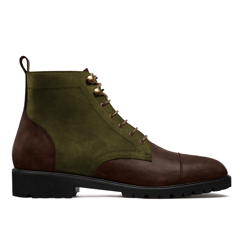 2 tone Leather boots - brown & green waxed leather & suede