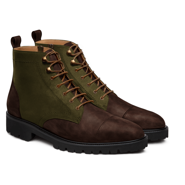 2 tone Leather boots - brown & green waxed leather & suede