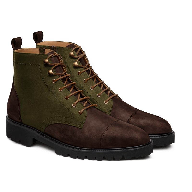 2 tone Leather boots - brown & green waxed leather & suede