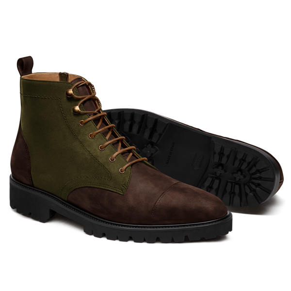 2 tone Leather boots - brown & green waxed leather & suede