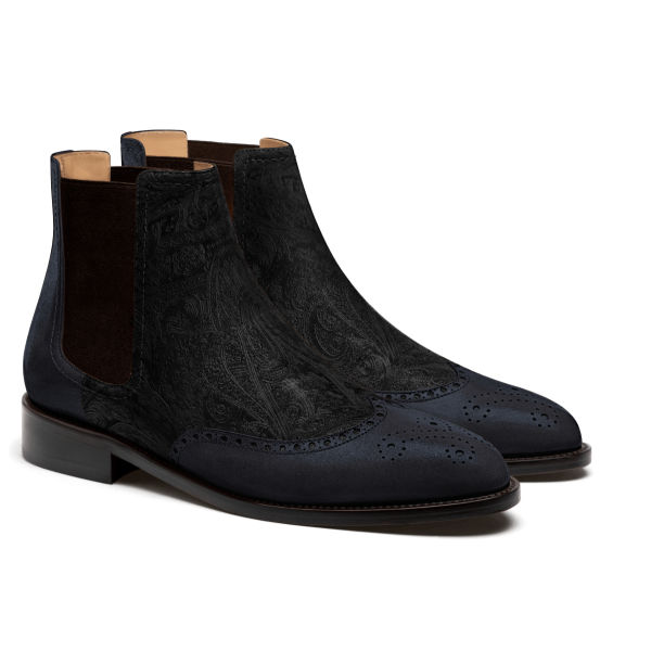 Brogue Chelsea Boots - blue & black suede & velvet