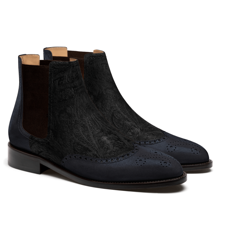 Brogue Chelsea Boots - blue & black suede & velvet