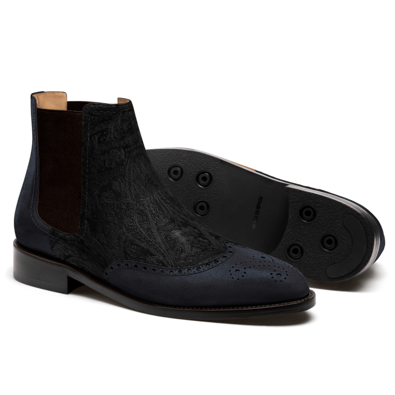 Brogue Chelsea Boots - blue & black suede & velvet