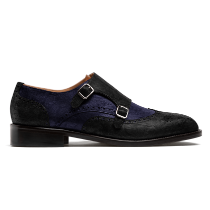 Double monk brogue shoes - black & blue velvet