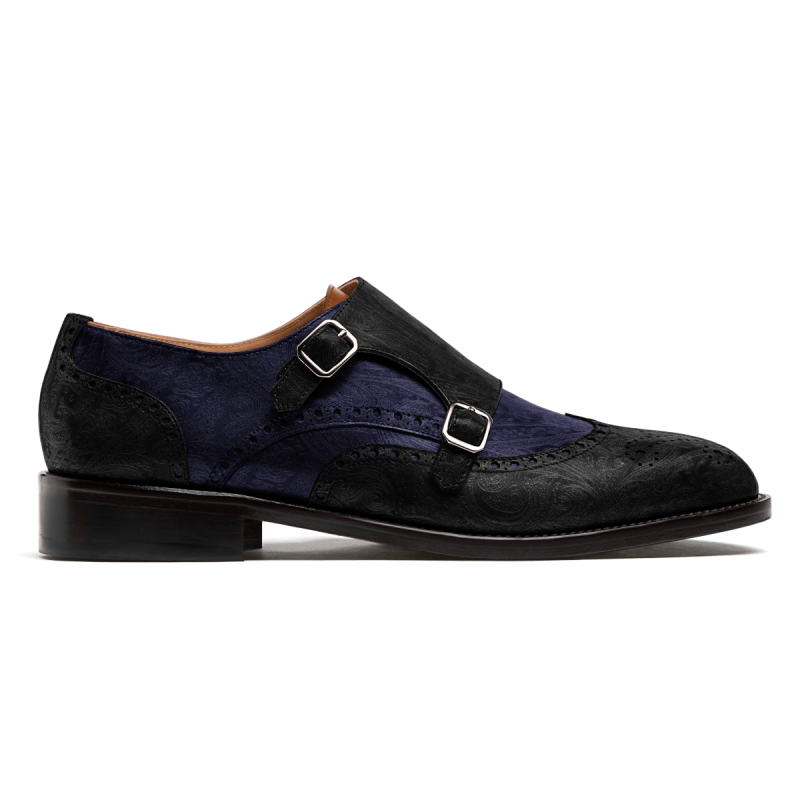 Double monk brogue shoes - black & blue velvet