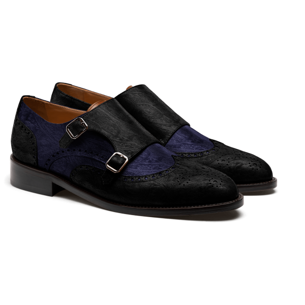 Double monk brogue shoes - black & blue velvet